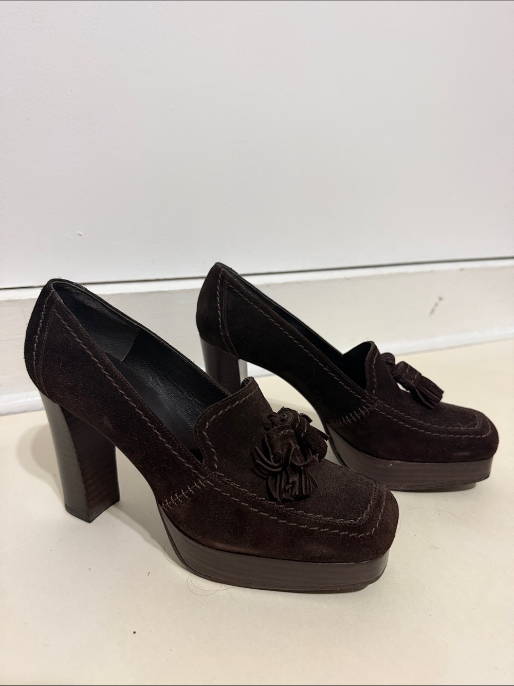 Stuart Weitzman Suede Tassel Platform Pumps - Dark Brown